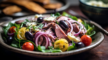 Beef salad with arugula, cherry tomatoes and black olivesの素材
