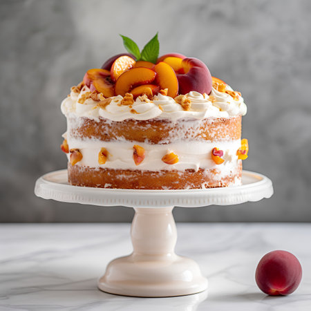 Cake with peaches and whipped cream on a gray background.の素材
