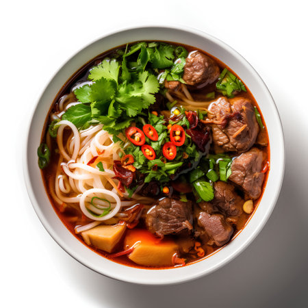 Bowl of asian noodle soup with beef and vegetables isolated on white backgroundの素材