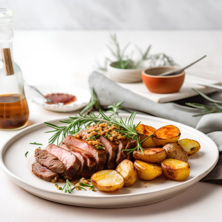 Roast beef with potatoes and rosemary on a white plate.の素材