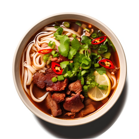 Bowl of Asian noodle soup with beef meat and vegetables isolated on white backgroundの素材