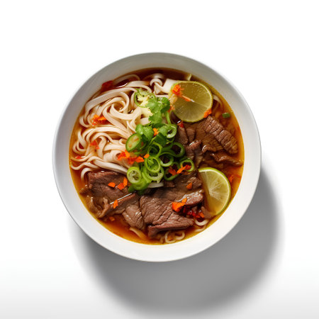 Asian style noodle soup with beef and vegetables isolated on white backgroundの素材