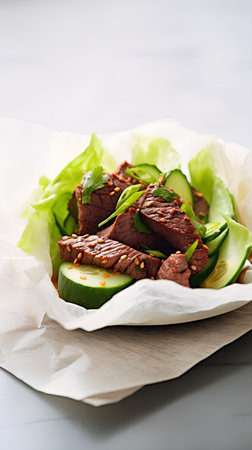 Beef salad with cucumber, lettuce and sesame seeds.の素材