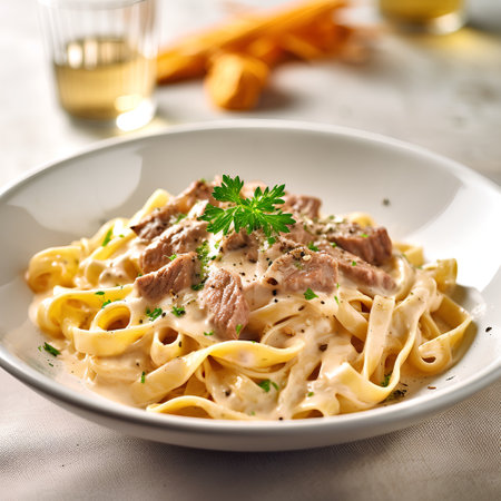 Tagliatelle pasta with beef and cream sauce, selective focusの素材