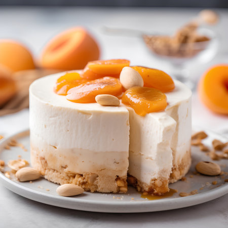 Cheesecake with apricots and almonds on a white backgroundの素材