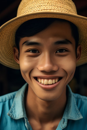 Portrait of a smiling young Asian man wearing a straw hat.の素材