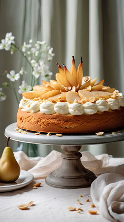 Homemade pear cake with whipped cream and caramel, selective focus.の素材