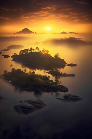 Aerial view of a beautiful island in the sea at sunrise.の素材