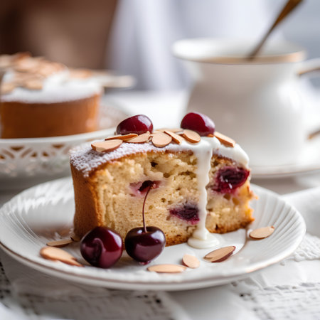 Cake with cherries and almond flakes. Selective focus.の素材