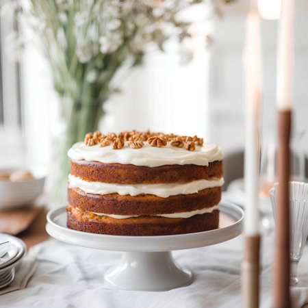 Delicious cake with cream and nuts on a white stand, selective focusの素材