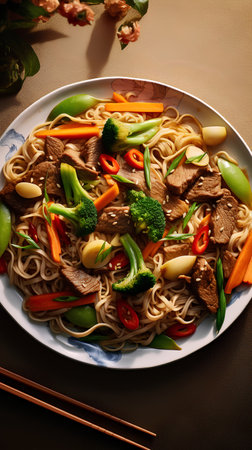 Noodles with beef and vegetables in a bowl on a brown backgroundの素材