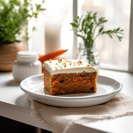 Carrot cake on a white plate on the windowsill, selective focusの素材