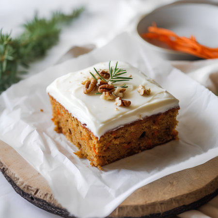 Carrot cake with walnuts and rosemary on a wooden boardの素材
