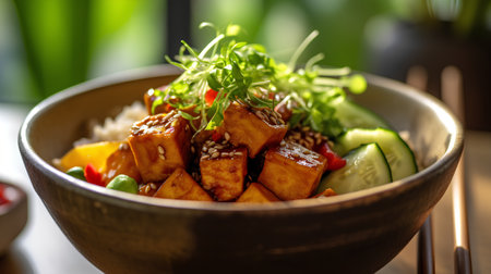 Tofu with rice and vegetables in a bowl. Selective focus.の素材