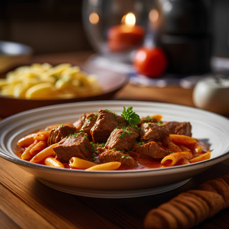 Beef Bourguignon in tomato sauce with pasta, selective focusの素材