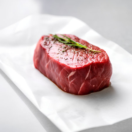 Raw beef steak on white paper with rosemary, selective focus.の素材