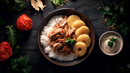 Rice with meat and pineapple on a black background, top viewの素材