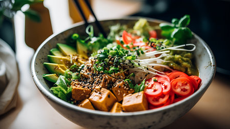 Bowl of poke bowl with tofu, avocado, tomatoes and sproutsの素材