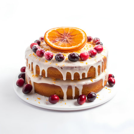 Cake with orange and cranberries on a white background. Close-up.の素材