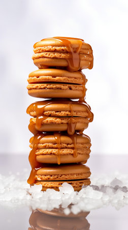 Stack of caramel macarons with sea salt on white background.の素材