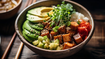 Hawaiian poke bowl with tofu, avocado, cucumber, sesame seeds and microgreensの素材