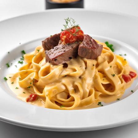 Tagliatelle pasta with beef and cherry tomatoes on white backgroundの素材
