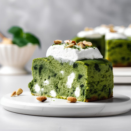 Green tea cake with whipped cream and pistachios. toning. selective focusの素材