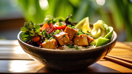 Tofu poke bowl with avocado, sesame seeds and vegetablesの素材