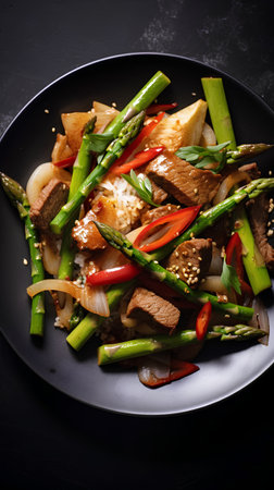 Chinese wok with beef, asparagus and sesame seedsの素材
