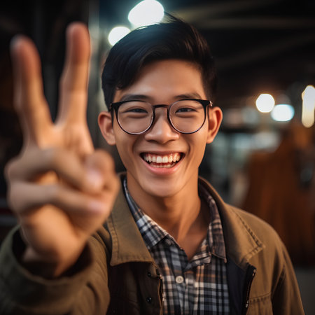 Portrait of a young asian man showing victory sign at nightの素材