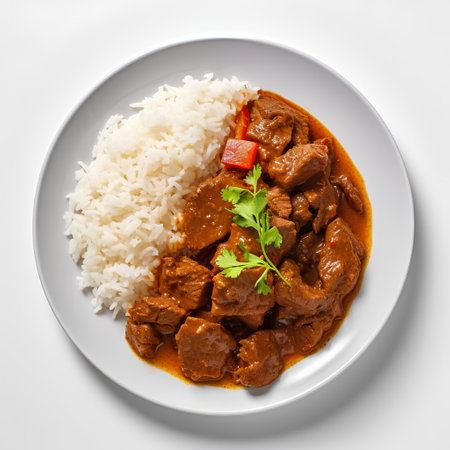 Curry with rice on white background. Top view, flat layの素材