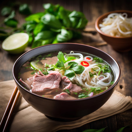 Vietnamese soup pho with beef and noodles on wooden backgroundの素材