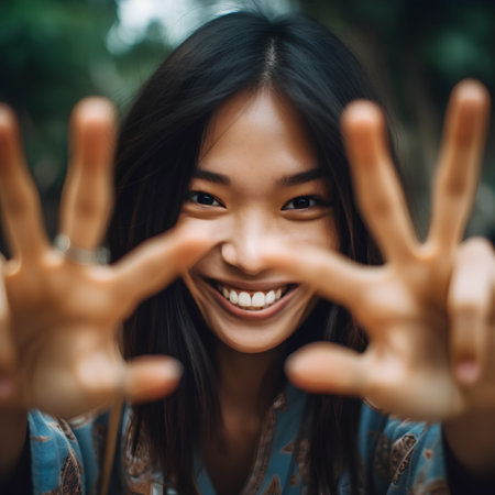 Beautiful young asian woman showing ok hand sign with smile.の素材