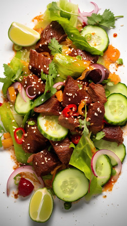 Salad with beef, cucumber, onion and sesame seedsの素材