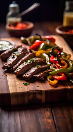 Grilled beef steaks with bell peppers and sauce on wooden boardの素材