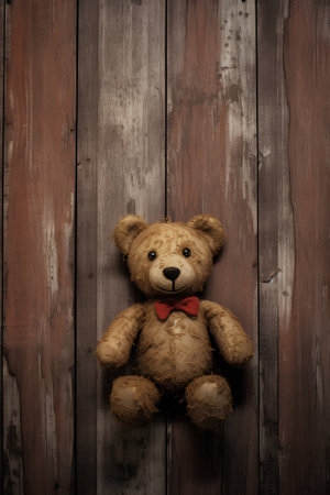 Teddy bear with bow tie on wooden background. Toned.の素材