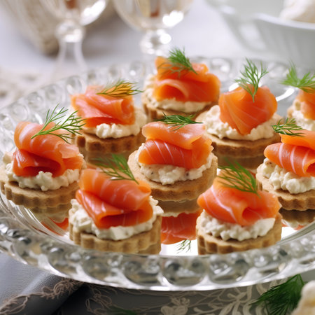 Canapes with smoked salmon and cream cheese. Selective focus.の素材