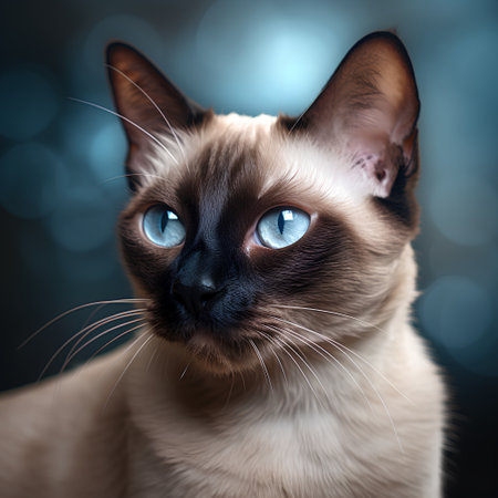 Portrait of a Siamese cat with blue eyes on a blue backgroundの素材
