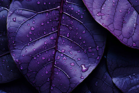 Purple leaves with water drops. Nature background. Top view.の素材
