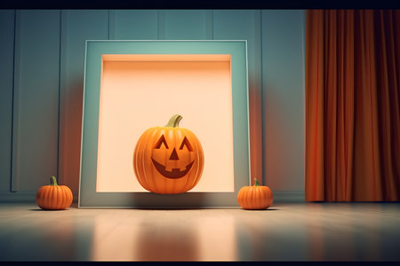 Halloween pumpkin and photo frame on the wall. Vector illustration.の素材