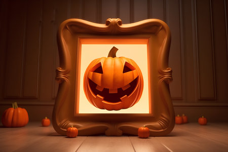 Halloween pumpkin in photo frame on wooden floor. 3D renderingの素材