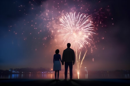 Silhouette of young couple looking at fireworks on night sky backgroundの素材