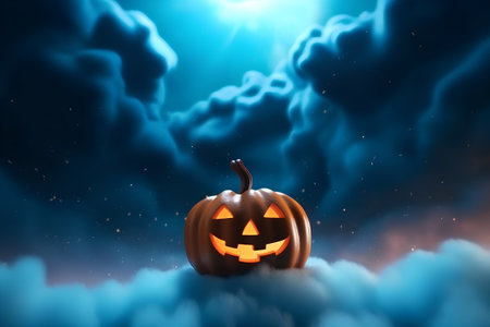 Halloween pumpkin in the night sky with clouds. Vector illustration.の素材