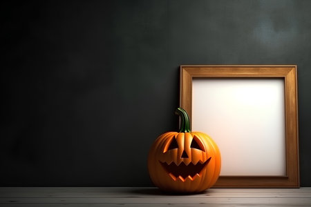 Halloween pumpkin with blank frame on wooden table and grunge wallの素材