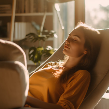 Portrait of a beautiful young woman sitting in armchair at homeの素材