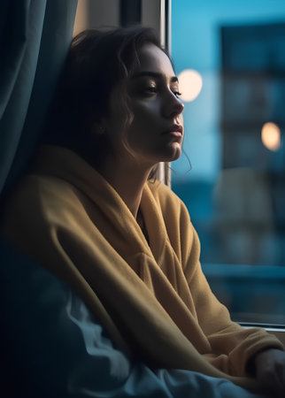 Beautiful young woman in yellow bathrobe sitting near window at nightの素材