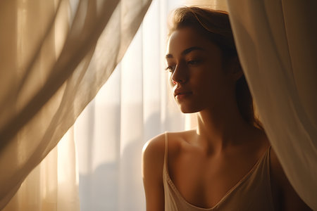 Beautiful young woman looking out the window in the morning. Beauty, fashion.の素材