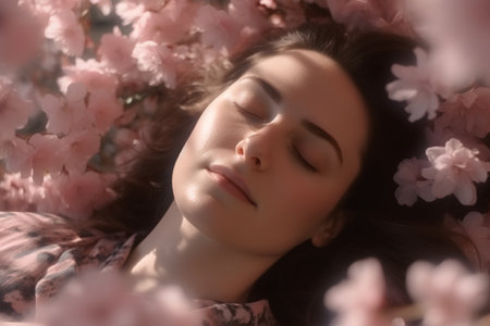 Portrait of a beautiful young woman surrounded by cherry blossoms.の素材