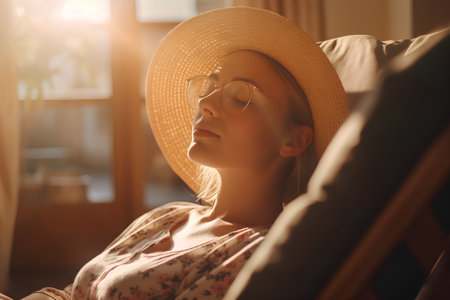 Beautiful young woman in hat and eyeglasses relaxing at homeの素材