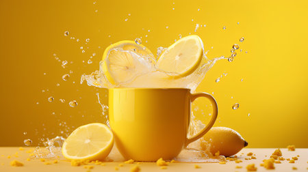 Cup of lemonade with splash on yellow background. 3d renderingの素材